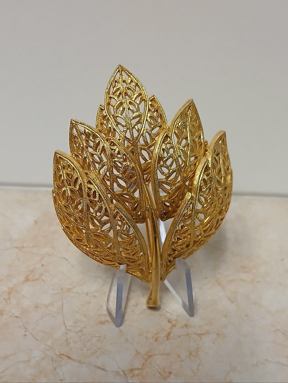 Vintage Gold Leaf Filigree Brooch - Statement Floral Pin